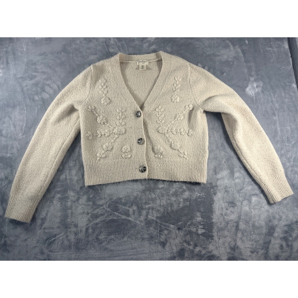Jessica Simpson Cream Floral Embroidered Cropped Cardigan Sweater Womens Small‎